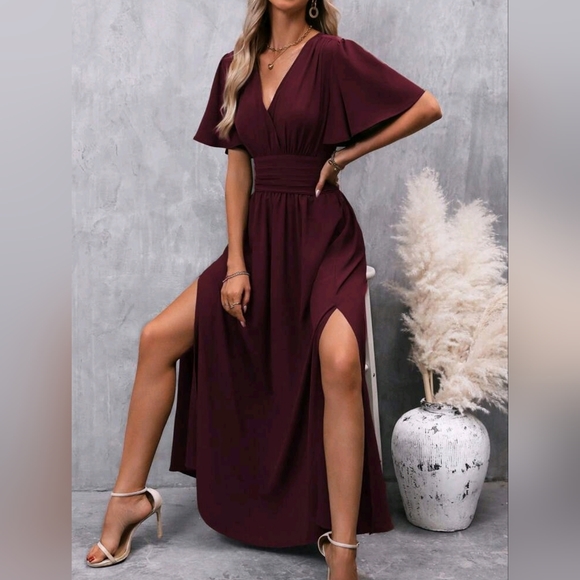 NEW Chic Ruched Waist Flutter Sleeve Maxi Dress Sangria Red Wine Purple - Picture 5 of 9